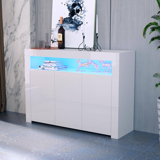 Buffet Cabinet, High Gloss Kitchen Sideboard Cupboard with LED Lights, Modern and