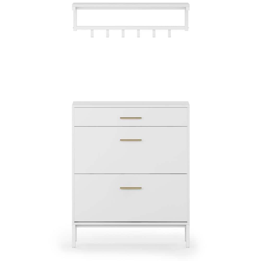 TRIBESIGNS WAY TO ORIGIN White Shoe Storage Cabinet with Drawer, Flip Shelves, and Wall Mount Rack