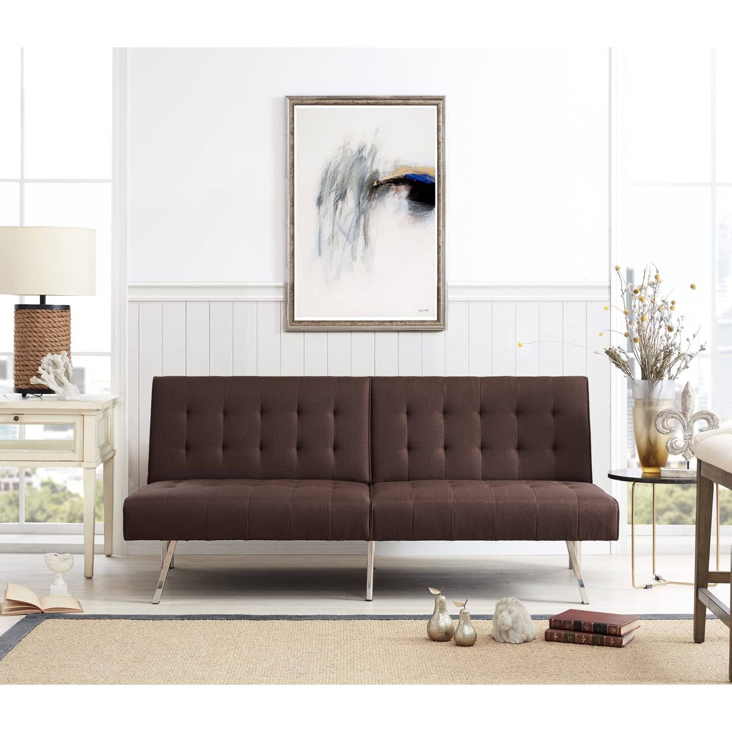 Tufted Split Back Futon Sofa by Naomi Home Color White, Style Linen