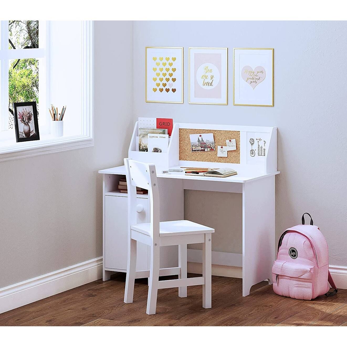 Utex Kids Study Desk with Chair, Wooden Study Table for 3-8 Years Old, Students Workstation & Writing Table (White)