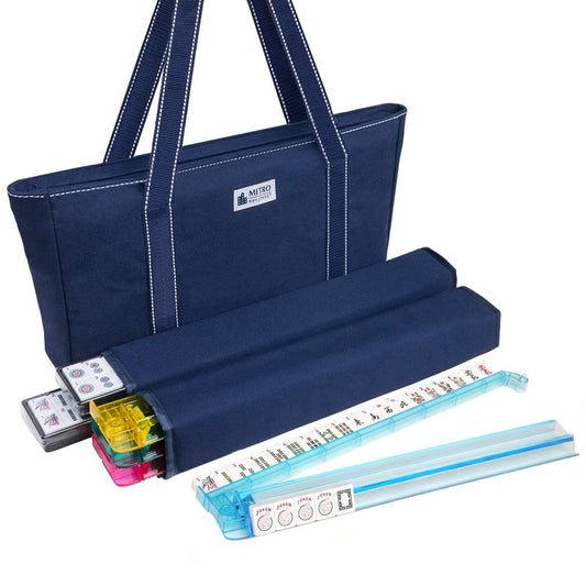 American mAh Jongg Set - 166 Premium White Tiles, 4 All-in-One Rack/Pushers, Blue Canvas Bag