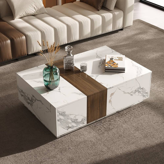 Vewal Wood Block Coffee Table Marble & Walnut Veneer in White with 2 Drawers