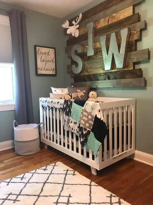 Boy Crib Bedding- Buck, Moose, Bear Woodland Baby Bedding Collection, Long Rail Guard - navy buck and moose with gray ties