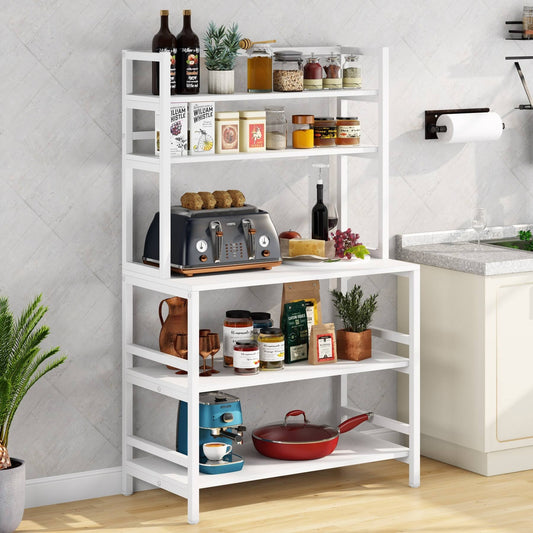 5-Tier Kitchen Bakers Rack Utility Storage Shelf Microwave Oven Stand, Industrial Microwave Cart Kitchen Stand with Hutch - White