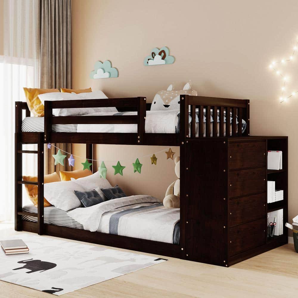 Twin over Twin Wood Frame Bunk Bed with Cabinet Including 4 Drawers and 3 Shelves