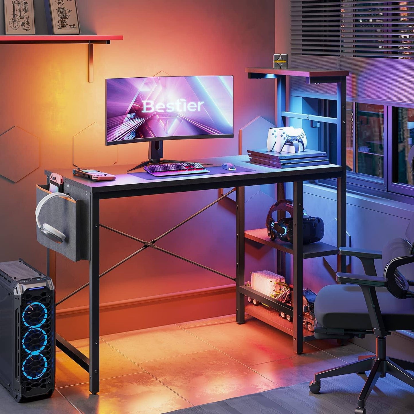 Bestier Reversible 44 inch Computer Desk with LED Lights Gaming Desk with 4 Tier Shelves Black Marble