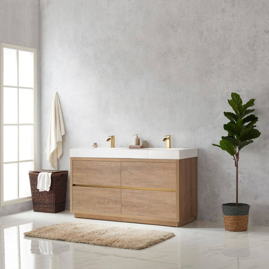 Vinnova Huesca 60 Double Sink Bath Vanity in North American Oak with White Composite Integral Square Sink Top and Mirror