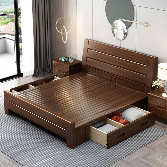 84.65 inch Wide Scandinavian Bed Frame Solid Wood Espresso Bed with Headboard - King Pull-Out Storage