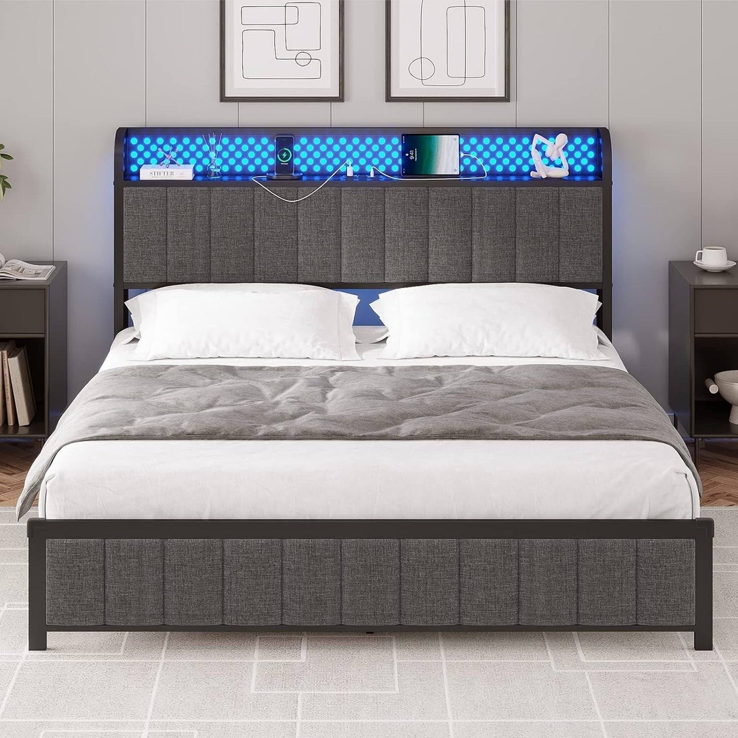 Bed Frame with LED Lights Headboard Platform Bed Charging Station