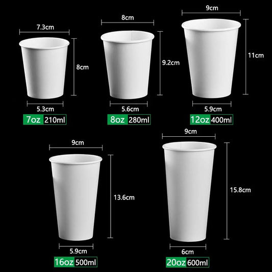 White Disposable Paper Coffee Cups Milk Tea Cup 500/1000pcs 7oz 8oz 12oz 16oz 20oz 180 - 600ml PE