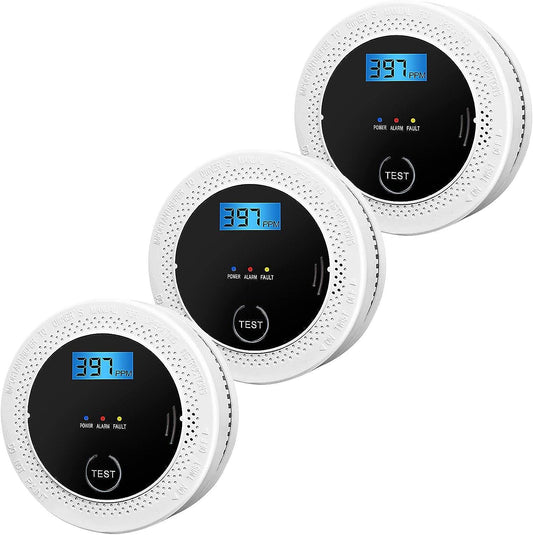 3 Pack Smoke and Carbon Monoxide Detectors Powered by Batteries, with Digital Display, Smoke and Carbon Dioxide Dual Alarm Sensors, Easy to Install