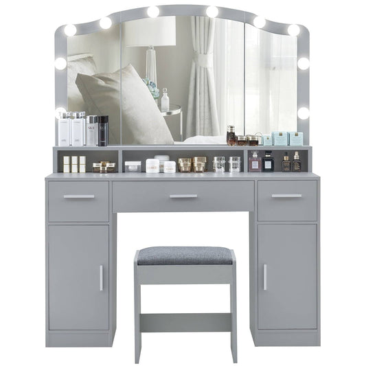 USIKEY Large Vanity Set with Large Lighted Mirror, Modern Makeup Vanity Table with 3 Drawers, 2 Storage Cabinets & 10 LED Bulbs and Cushioned Stool