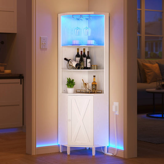 Wedealfu Inc 5 Tiers Corner Bar Cabinet Wine Rack Display Shelves with LED Lights and Glass Holder White