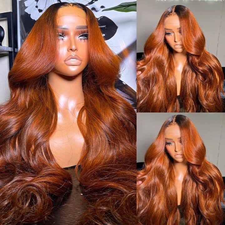 Body Wave Dark Root Ginger Colored 13x4 Lace Front /44 Lace Closure Wigs With Baby Hair