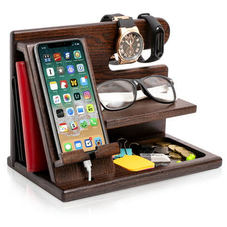 Teslyar Wood Phone Docking Station Ash Key Holder Wallet Stand Watch Organizer, Womens, Size: One size, Brown