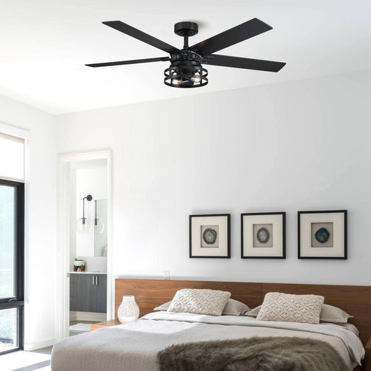 52 in. Industrial Downrod Mount Black Ceiling Fan with Remote Control