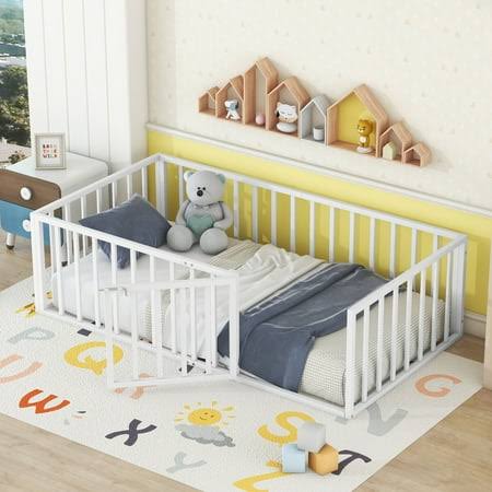 Bellemave Twin Floor Bed with Fence Rails and Lockable Door Twin Metal Floor Bed for Toddler, Child, Boys, Girls Metal Bed Frame Montessori Floor Bed