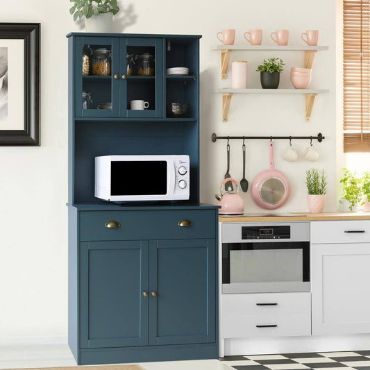 Teal Blue Wood Kitchen Pantry Cabinet Storage Hutch Adjustable Shelves