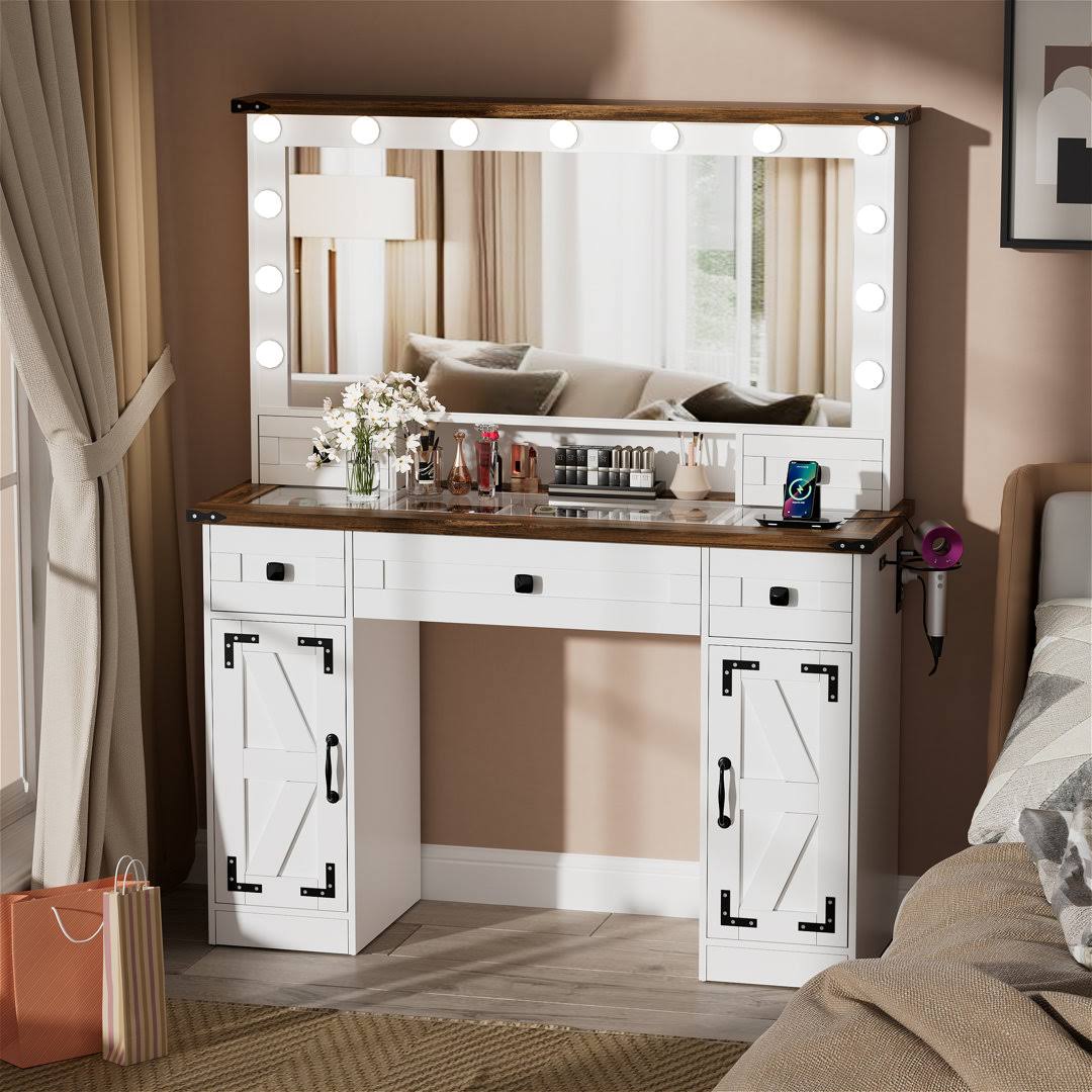 Boriss 45 Large Makeup Vanity, White Vanity Desk with Lighted Mirror and Charging Station August Grove