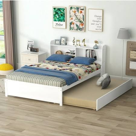 Bellemave Twin Bed with Twin Trundle and Bookcase Headboard, Wooden Twin Size Platform Bed with Storage Shelves for Kids Teens Adults (White), Size: