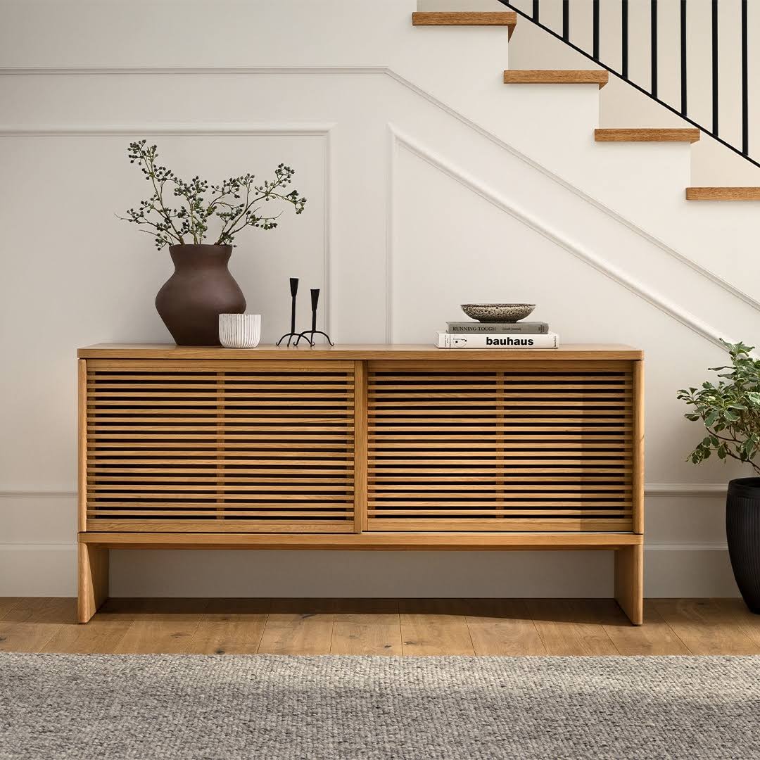 Article Oak Sideboard Slatted Sliding Doors Solid Wood