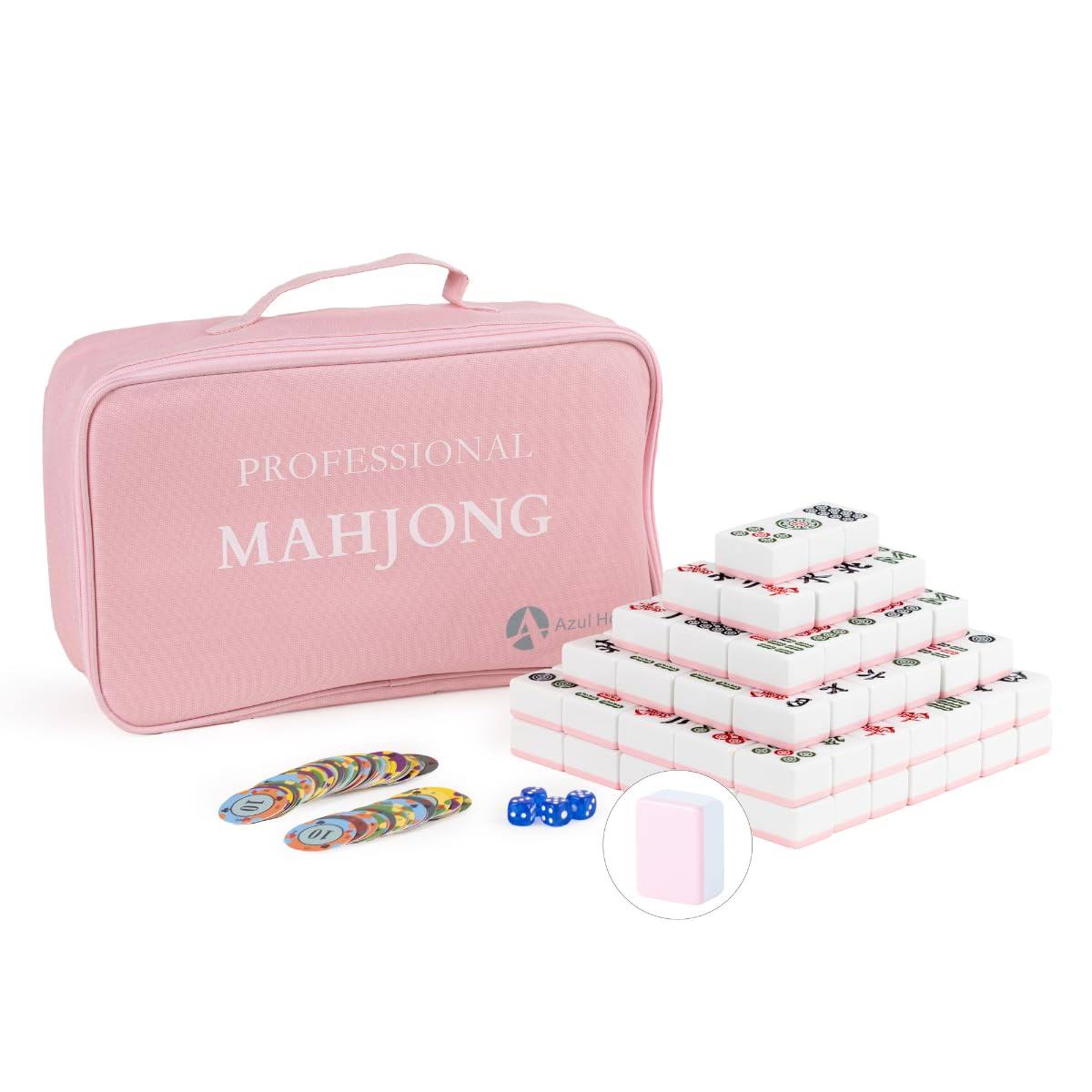 Azulhome Mahjong Game Set, 144 Numbered Large 42mm(1.7 inch) Melamine Tiles with 4 Dices 80 Poker Chips and One Storage Bag, Complete Traditional