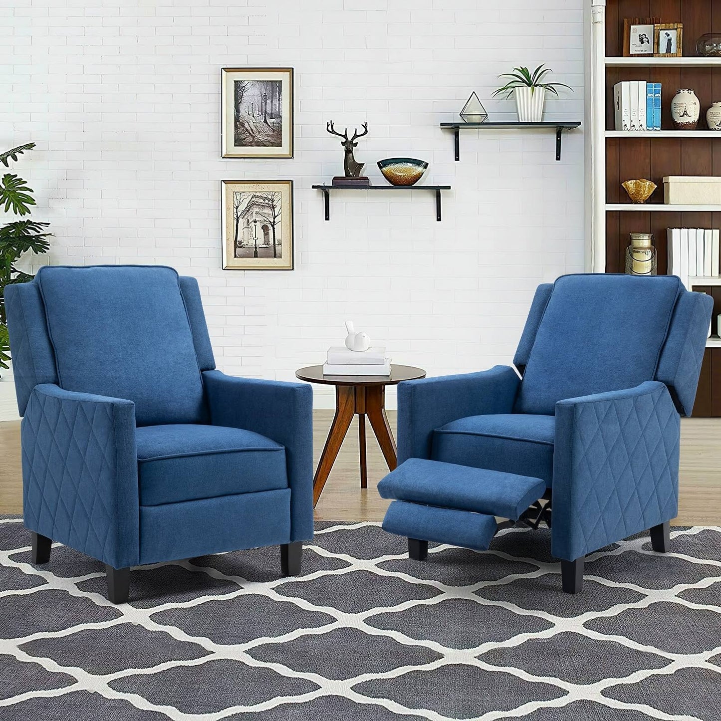 AVAWING Set of 2 Push Back Recliner Chairs - Blue Linen, Mid-Century Accent Chairs for Living Room, Size: 26 x 34.6 x 36.2