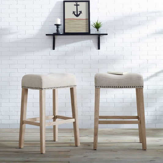 The Gray Barn Barish Backless Saddle Seat Counter Stools (Set of 2) Grey Distressed Wood, Fabric Nailheads Counter Height