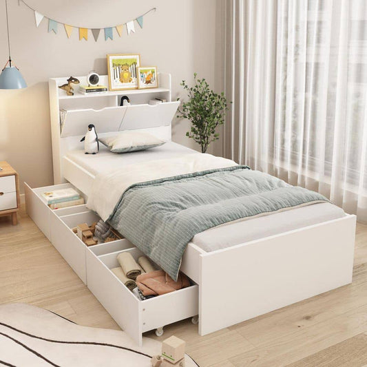 White Wood Frame Twin Bed Platform Bed Storage Bed with 3-Wheels Drawers and Headboard