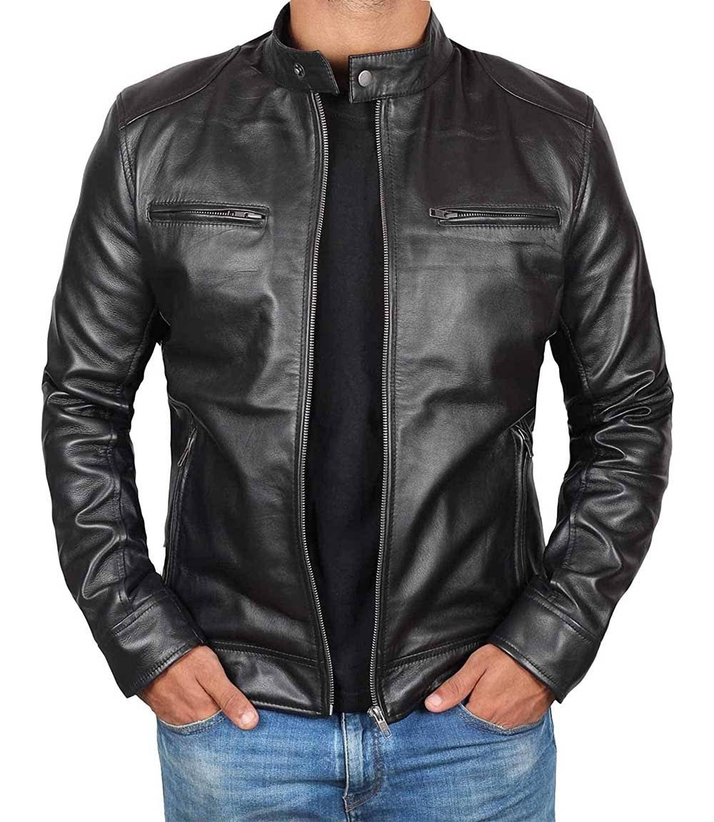 AngelJackets Men Black Real Lambskin Leather Café Racer Jacket