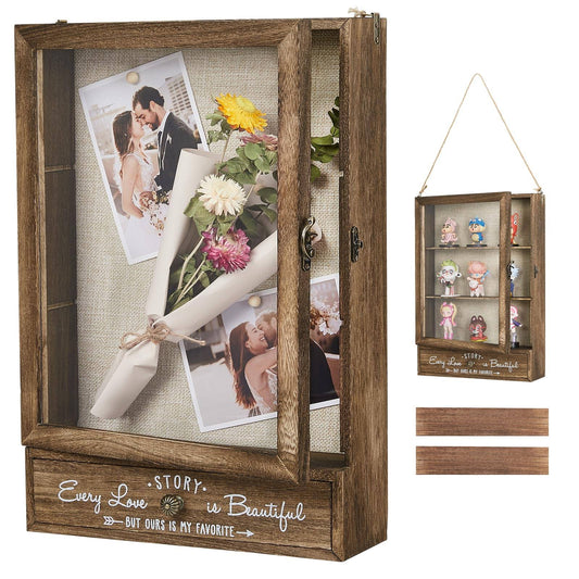 AW BRIDAL 11X16 Large Shadow Box Picture Frames Deep Shadow Boxes Display Cases with Removable Shelves and Drawers, Brown Wooden Memory Boxes for