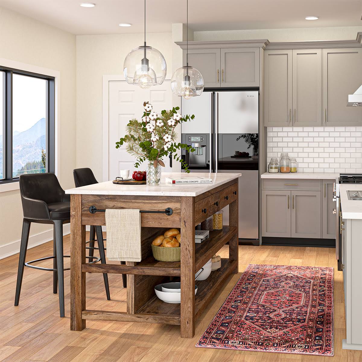 Visalia Modern Rustic 4 Drawer White Marble Top Kitchen Island