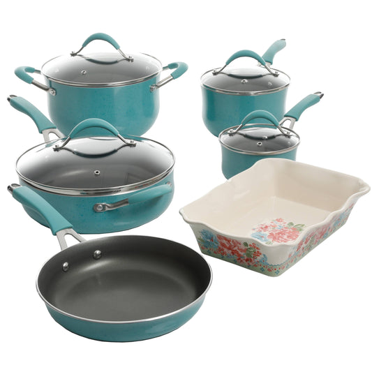 The Pioneer Woman Frontier Speckle Aluminum 10-Piece Cookware Set, Turquoise