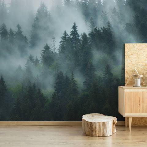 Wall Mural - Green Misty Forest Scandinavian - Traditional Wallpaper (Paste-the-wall) - Made to Measure