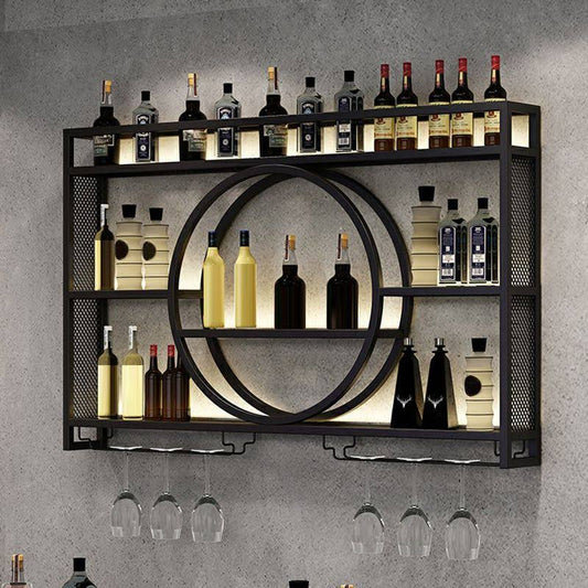 Wall Mounted Wine Rack Metal Wine Bottle & Glass Rack without Light - 1 Piece Black