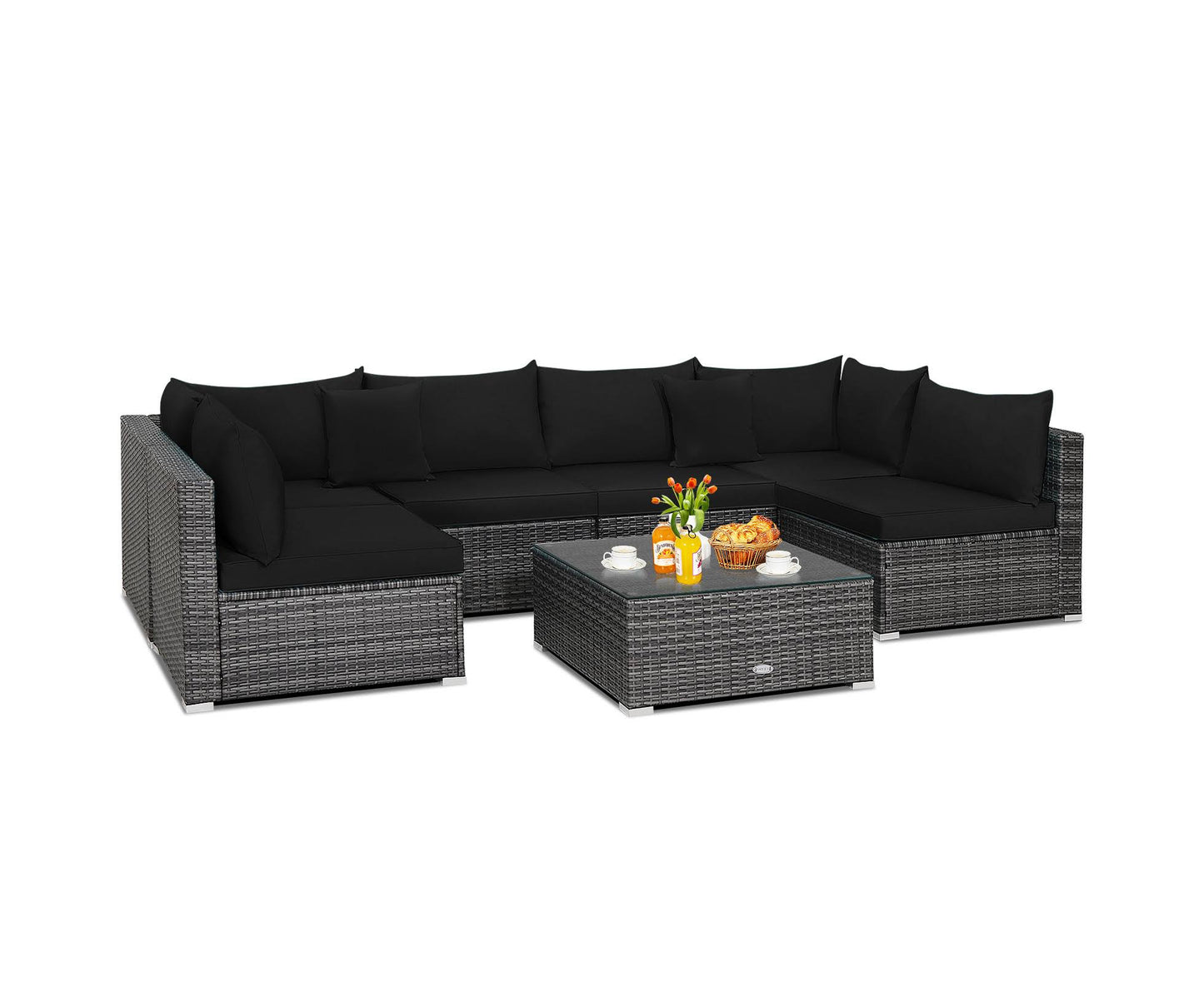 7 Pieces Patio Rattan Furniture Set Sectional Sofa Garden Cushion-Gray