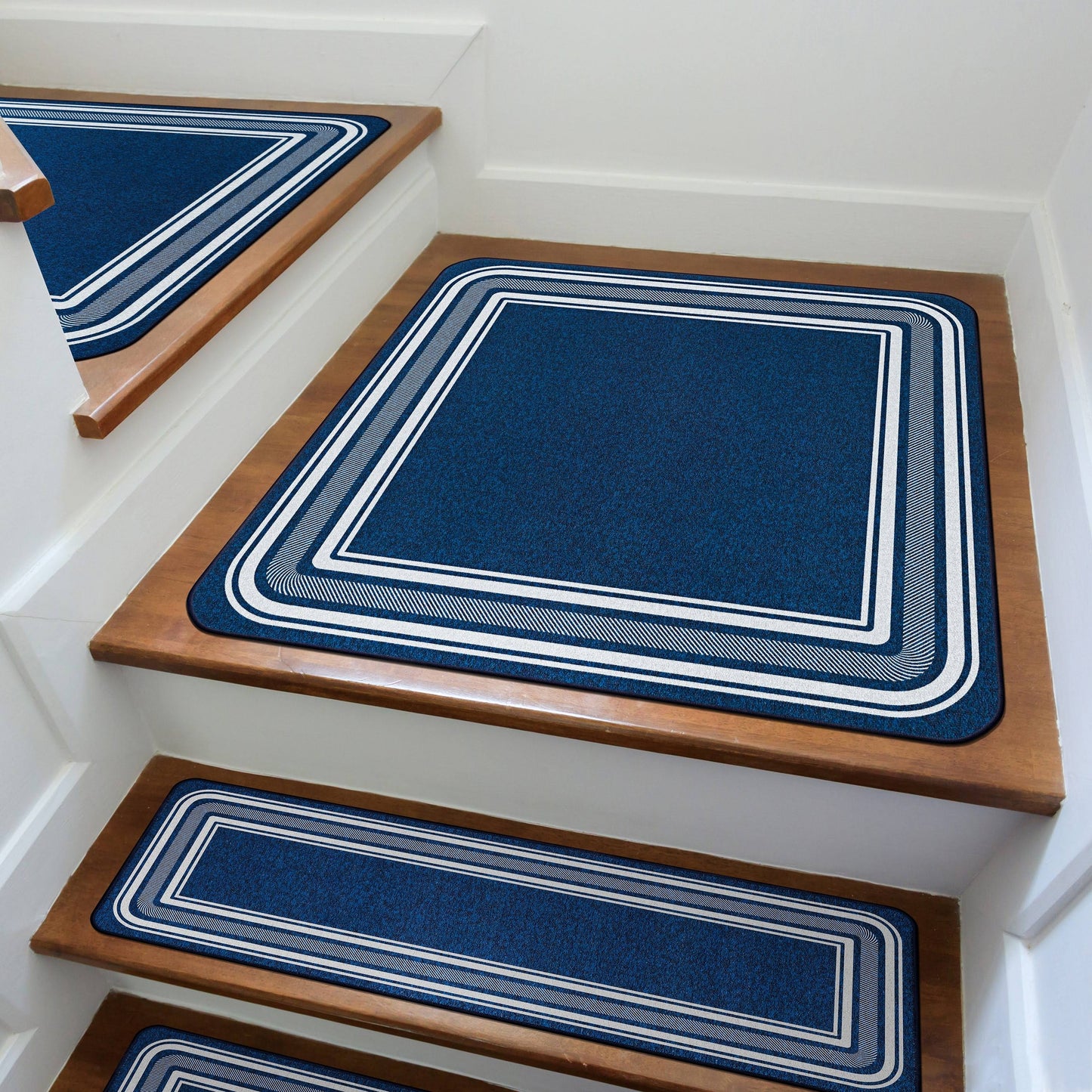 Beverly Rug Indoor Bordered Stair Treads for Wooden Steps, Non Slip Rubber Backing Runners, Carpet for Staircase Set of 15, Blue, 8.5 x 26