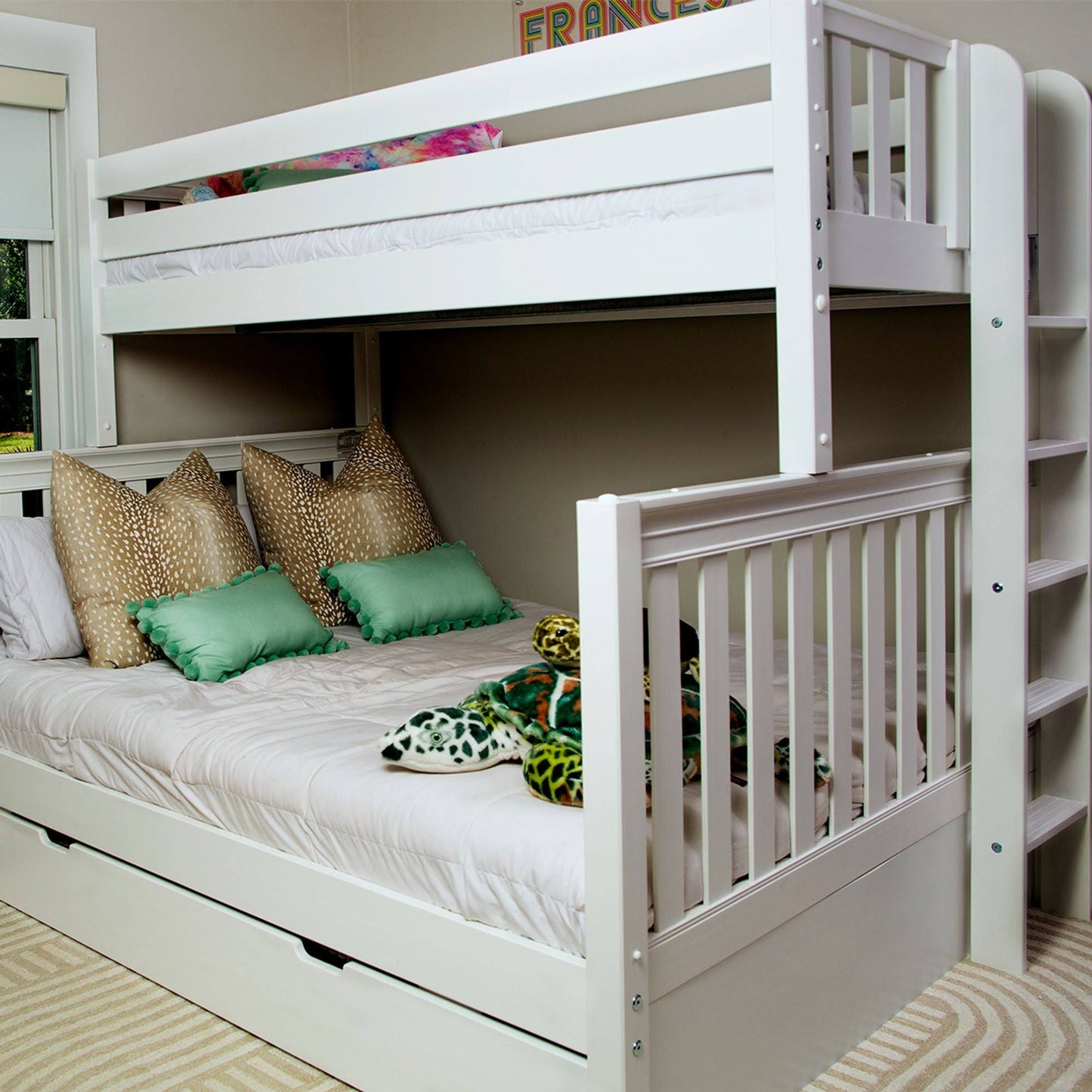 Twin XL over Queen High Bunk Bed with Straight Ladder on End and Trundle Bed