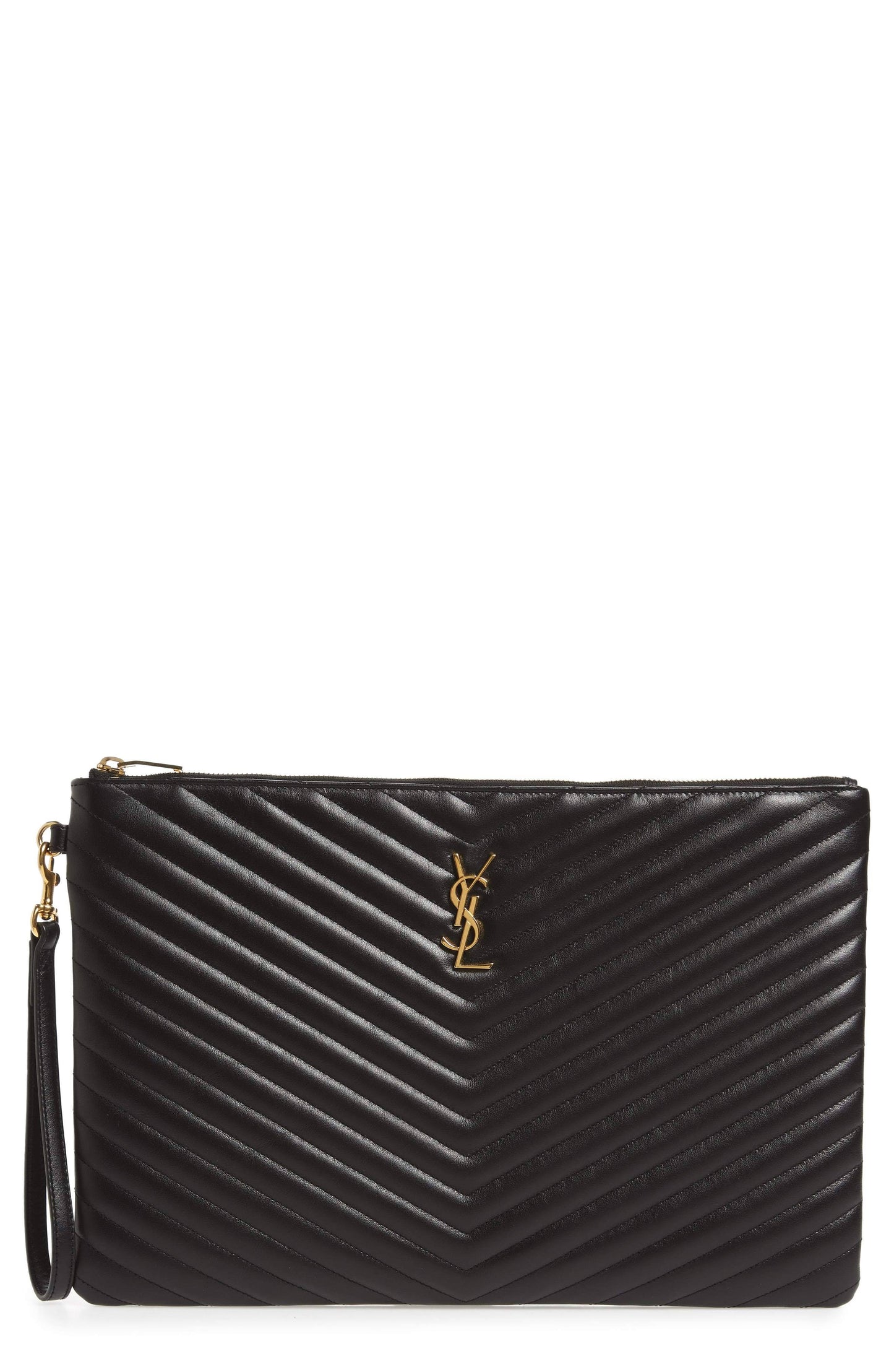 Womens Saint Laurent Monogram YSL Large Chevron Quilted Flat Wristlet Pouch