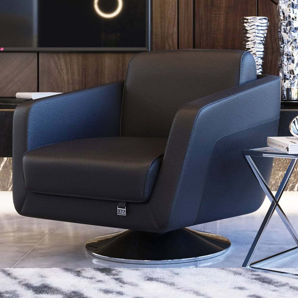 Zuri Furniture Modern Armondo Swivel Armchair in Black Microfiber and Genuine Leather