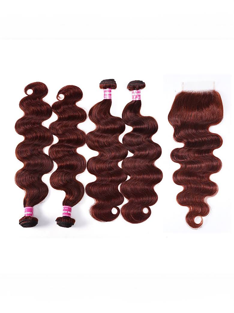 UNice Dark Auburn Body Wave Remy Human Hair 4 Bundles With Closure Deal