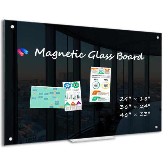 WALGLASS Black Dry Erase Board 24x18 Magnetic Glass Board, Framless Black Glass Whiteboard for Walls, Bulletin Board for Office, School, Includes