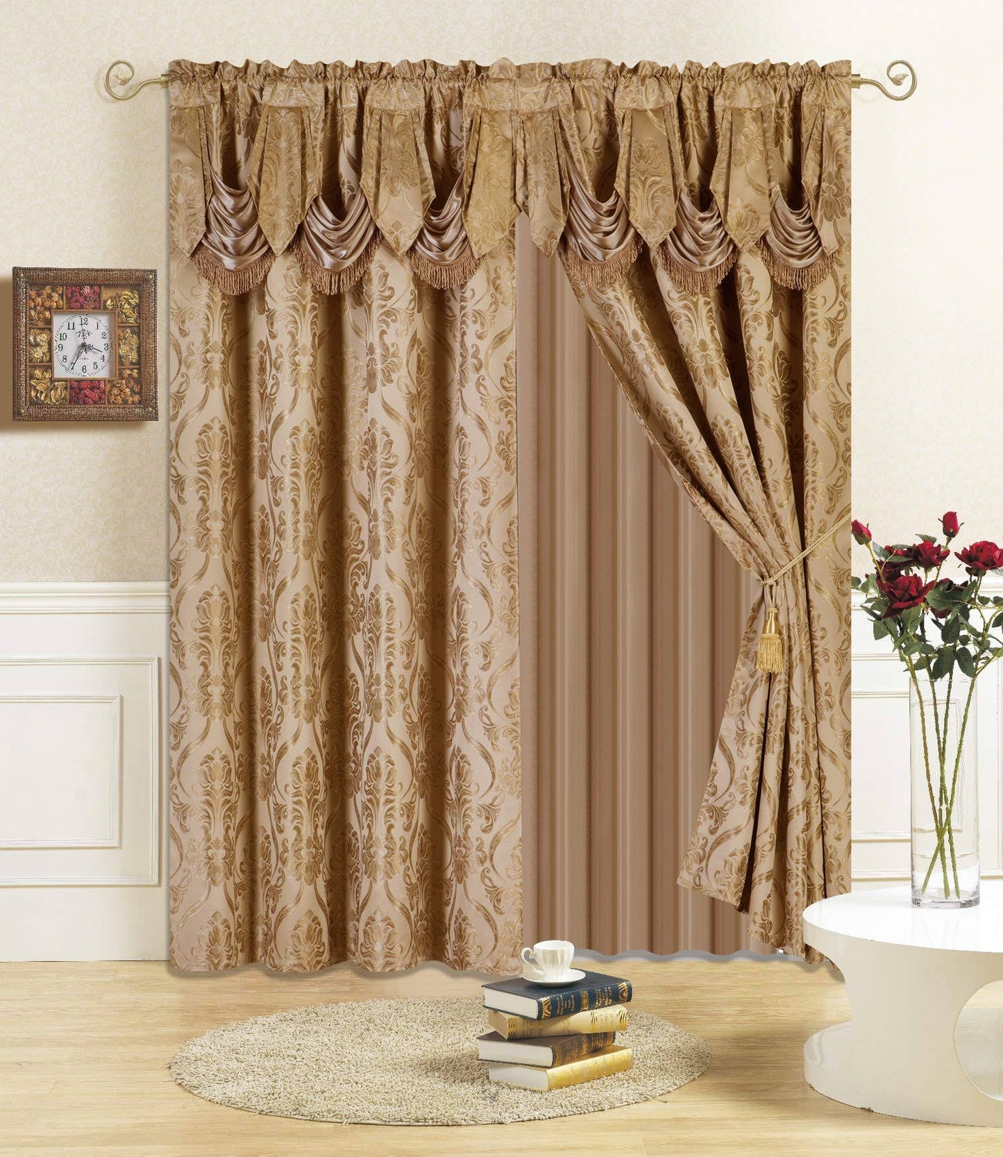 All American Collection New 4 Piece Drape Set with Attached Valance and Sheer with 2 Tie Backs Included, Black