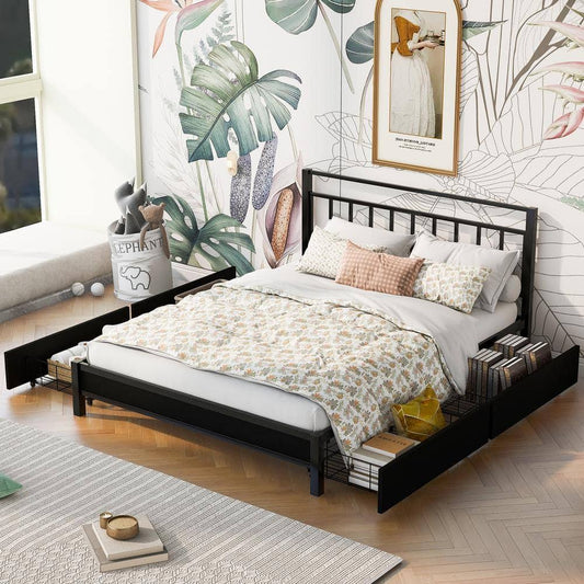 Black Metal Frame Size Platform Bed with Storage 4-Drawer, Additional Bed Legs and Slats Legs