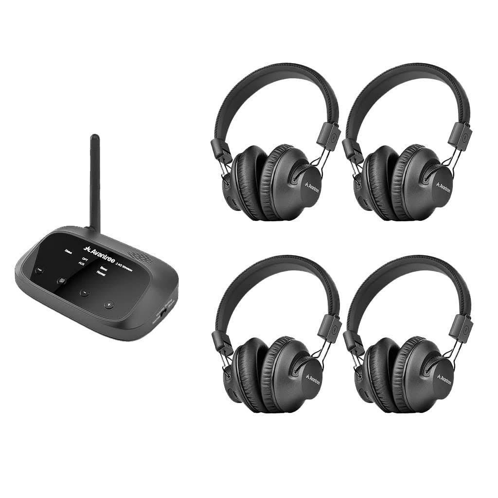 Avantree Quartet Multiple Wireless Headphones with One Transmitter, 4 Pack Up to 100pcs, HD Sound No Lag for TV Watching, Outdoor Movie, Silent Disco