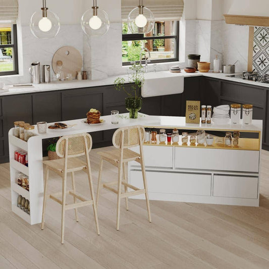 White Wood 94.5 in. W Kitchen Island Dining Bar Table with Moveable Tabletop Shelves Drawers