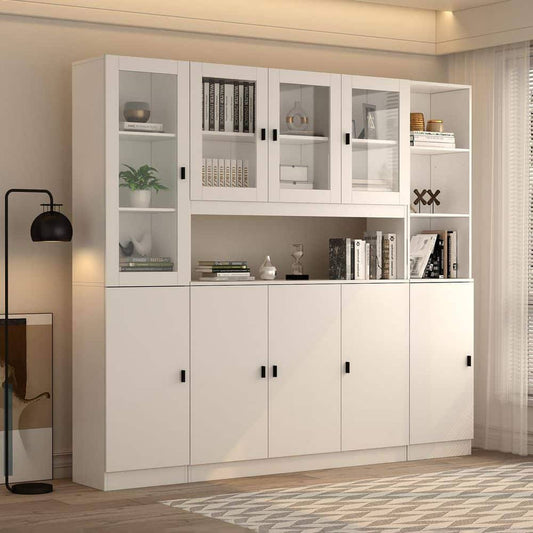 3-in-1 White Wood Buffet and Hutch Combination Cabinet with Glass Doors Shelves