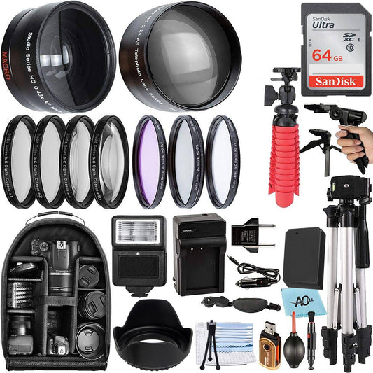 A-Cell 58mm Accessory Bundle for Canon Eos Rebel T7, T6, T5, T3, T100, 4000D, 2000D, 3000D and More with 32GB SanDisk Memory Card, Wide Angle Lens,