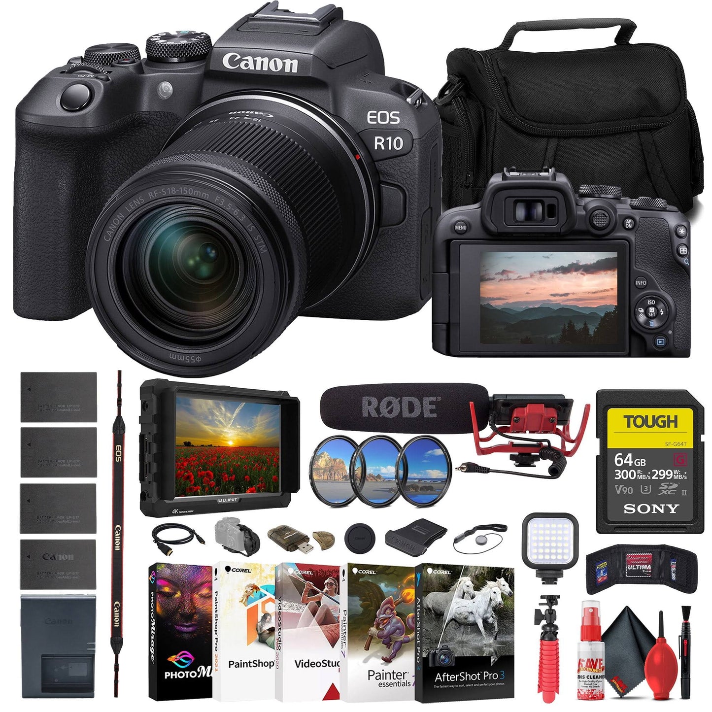 Canon Eos R10 Mirrorless Digital Camera with RF-S 18-45mm Is STM Lens + 75-300mm Lens + 420-800mm Super Telephoto Lens + 128GB Memory + Case + Tripod