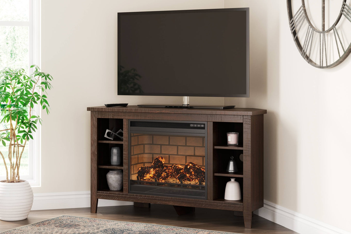 Camiburg Corner TV Stand with Electric Fireplace Warms 1000 Square Feet, Warm Brown by Ashley